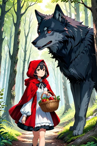 red riding hood,little red riding hood,howl,red wolf,wolf couple,studio ghibli,two wolves,girl with dog,wolf,wolves,my neighbor totoro,howling wolf,game illustration,werewolves,forest animals,wolf hunting,european wolf,boy and dog,laika,wolf bob,Anime,Anime,Traditional