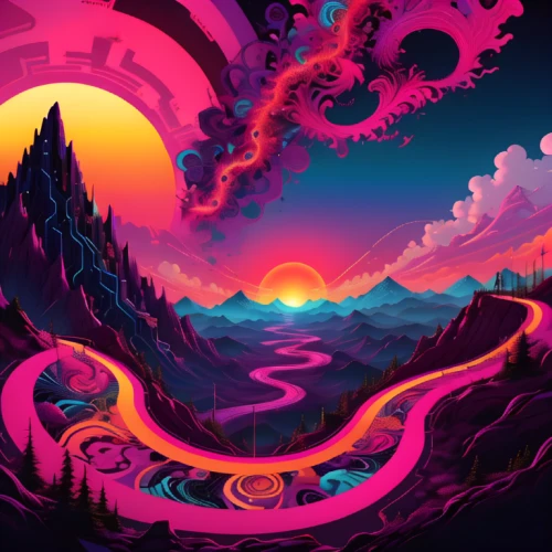 winding road,mountain sunrise,psychedelic art,colorful spiral,mushroom landscape,flow of time,acid lake,winding roads,volcano,panoramical,alien planet,valley of the moon,mountain world,swirls,psychedelic,futuristic landscape,alien world,vortex,fire mountain,alpine sunset
