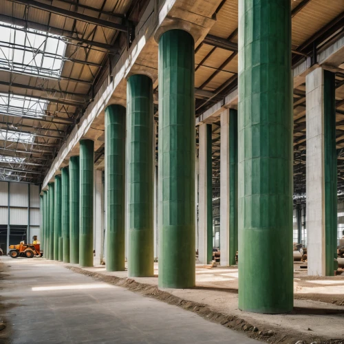 columns,industrial hall,colonnade,roman columns,pillars,steel construction,industrial tubes,factory hall,structural plaster,concrete construction,concrete plant,loading column,doric columns,industrial building,freight depot,construction area,industrial plant,empty factory,abandoned factory,prefabricated buildings,Photography,General,Realistic