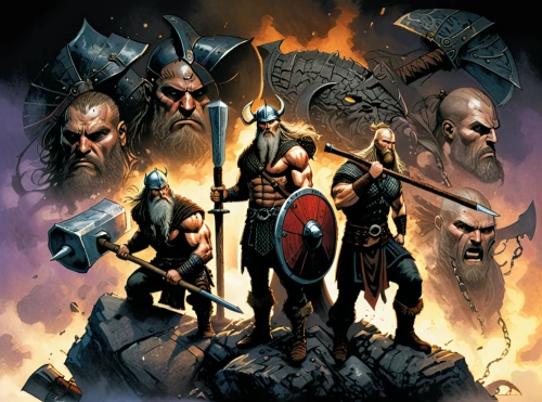 heroic fantasy,massively multiplayer online role-playing game,norse,witcher,dwarves,northrend,vikings,god of thunder,barbarian,warlord,swordsmen,thorin,carpathian,game illustration,splitting maul,warrior and orc,raider,crusader,dwarf sundheim,gauntlet,Illustration,American Style,American Style 02