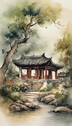 oriental painting,chinese art,chinese architecture,watercolor tea shop,the golden pavilion,asian architecture,chinese temple,golden pavilion,japanese garden ornament,xi'an,chinese background,chinese style,japanese garden,hanok,japanese shrine,japanese art,landscape background,hwachae,home landscape,world digital painting