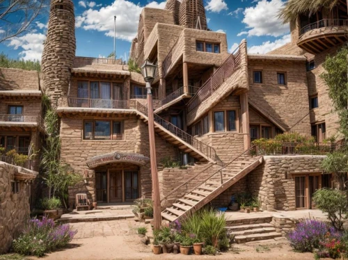 tree house hotel,dunes house,cliff dwelling,wild west hotel,outside staircase,wooden stairs,eco hotel,winding staircase,hanging houses,escher village,stone stairs,crooked house,spiral stairs,stone stairway,spiral staircase,anasazi,cube stilt houses,multi-story structure,tree house,bogart village,Common,Common,Commercial