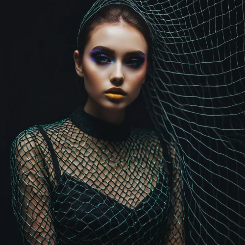 neon makeup,wire mesh,mesh and frame,mesh,spider net,dark blue and gold,see-through clothing,retouch,gold and purple,woven,fashion shoot,black and gold,egg net,hex,portrait photography,drusy,retouching,gold filigree,chainlink,editorial,Photography,Documentary Photography,Documentary Photography 08