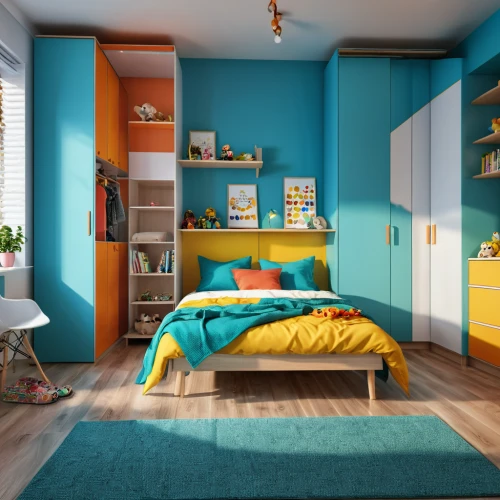 children's bedroom,kids room,boy's room picture,teal and orange,bedroom,the little girl's room,modern room,sleeping room,color turquoise,trend color,color wall,children's room,yellow orange,color combinations,danish room,3d rendering,great room,baby room,saturated colors,vibrant color,Photography,General,Realistic