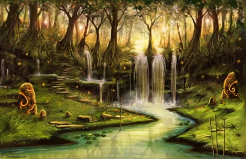riparian forest,elven forest,fantasy picture,amazonian oils,fairy forest,garden of eden,druid grove,karst landscape,fantasy landscape,swampy landscape,world digital painting,fairy world,river of life project,fantasy art,green waterfall,enchanted forest,crescent spring,rain forest,landscape background,druids