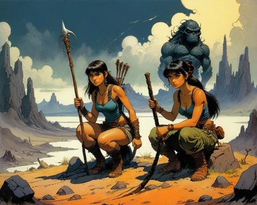 nomads,guards of the canyon,warrior and orc,digital nomads,travelers,game illustration,prehistory,neolithic,ancient people,natives,afar tribe,forest workers,island residents,stone age,hikers,anasazi,nomadic people,hunting scene,aborigines,pilgrims,Illustration,Realistic Fantasy,Realistic Fantasy 04
