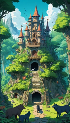 bird kingdom,witch's house,studio ghibli,fairy village,house in the forest,fairy tale castle,bird bird kingdom,fantasy world,fairy chimney,fairy house,fantasy landscape,wishing well,monkey island,knight's castle,fairy world,druid grove,treehouse,mushroom island,game illustration,tree house,Illustration,Japanese style,Japanese Style 03