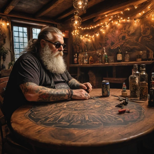 tennessee whiskey,apothecary,dwarf cookin,tattoo artist,merle black,gnomes at table,candlemaker,watchmaker,unique bar,tinsmith,deadwood,table artist,bartender,man portraits,viking,merle,canadian whisky,father christmas,american whiskey,vikings,Photography,General,Commercial