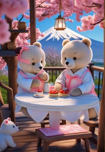 valentine bears,romantic scene,japanese sakura background,cute cartoon image,chinese rose marshmallow,dinner for two,teddy bears,cute bear,the cherry blossoms,romantic dinner,cartoon flowers,teddies,pandas,the bears,3d teddy,bears,picnic,polar bear children,tea ceremony,tea party,Photography,General,Fantasy