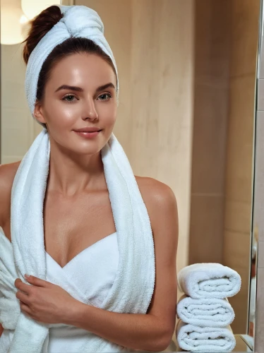 in a towel,towel,spa items,towels,bathrobe,bath white,skin care,facial cleanser,beauty treatment,shower cap,body care,guest towel,skincare,health spa,laundress,face care,washcloth,bath accessories,bathtub accessory,day spa,Photography,General,Realistic