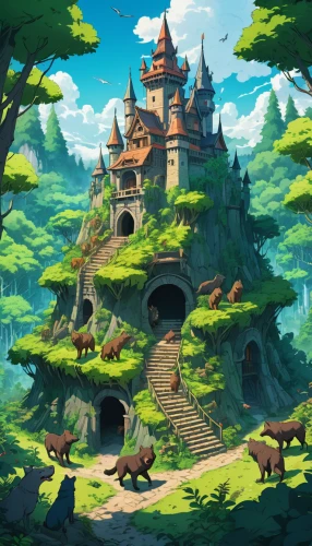 fairy village,bird kingdom,fairy chimney,witch's house,fairy tale castle,studio ghibli,fairy house,fantasy landscape,mountain settlement,knight's castle,druid grove,fantasy world,castle,castle ruins,house in the forest,game illustration,mushroom landscape,ancient city,ancient house,summit castle,Illustration,Japanese style,Japanese Style 03