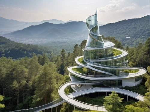 futuristic architecture,futuristic art museum,eco hotel,helix,chinese architecture,eco-construction,winding roads,futuristic landscape,urban design,modern architecture,environmental art,smart city,residential tower,moveable bridge,solar cell base,ski jump,roof landscape,maglev,winding steps,winding road