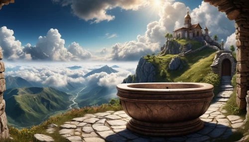 wishing well,potter's wheel,hobbiton,fantasy landscape,fantasy picture,wash basin,washbasin,drinking fountain,washroom,toilet,hobbit,fantasy art,cartoon video game background,stone sink,bidet,basin,3d fantasy,cauldron,backgrounds,toilet seat,Conceptual Art,Fantasy,Fantasy 27