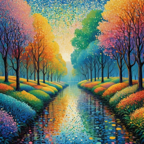 tulip festival,tree grove,colorful tree of life,tulip fields,tulip field,autumn landscape,sea of flowers,art painting,harmony of color,tommie crocus,color fields,row of trees,field of flowers,purple landscape,river landscape,blooming field,oil painting on canvas,flower painting,springtime background,colorful background,Conceptual Art,Daily,Daily 31