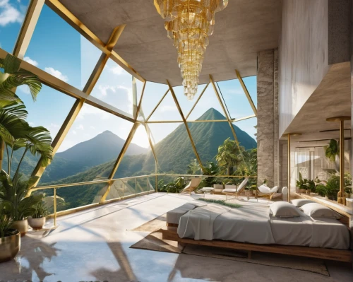 penthouse apartment,roof domes,glass pyramid,roof landscape,house in the mountains,luxury property,house in mountains,sky apartment,futuristic architecture,crib,glass roof,canopy bed,luxury real estate,beautiful home,loft,mountain view,great room,luxury hotel,interior design,luxury home interior,Photography,General,Realistic
