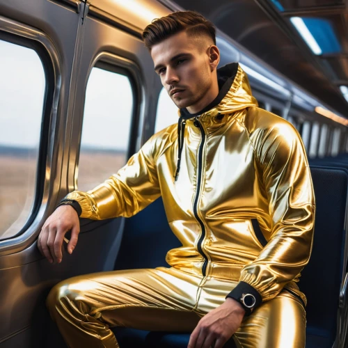 tracksuit,gold foil 2020,yellow jacket,yellow-gold,yellow jumpsuit,men's suit,high-visibility clothing,metallic feel,train seats,jumpsuit,foil and gold,gold color,gold business,c-3po,man's fashion,metallic,gold colored,men's wear,the suit,train ride,Photography,General,Natural