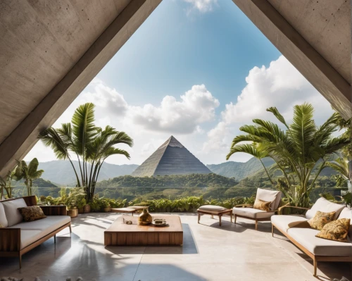 pyramids,roof landscape,roof domes,glass pyramid,pyramid,tropical house,step pyramid,the great pyramid of giza,beautiful home,luxury property,living room,khufu,roof terrace,cabana,eastern pyramid,home landscape,seychelles,geometric style,belize,moorea,Photography,General,Realistic