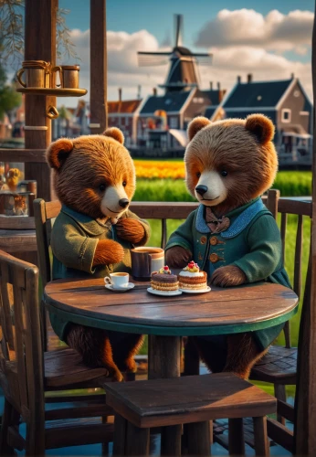 cute cartoon image,coffee break,afternoon tea,dinner for two,tea time,the coffee shop,teatime,romantic dinner,3d teddy,romantic scene,drinking coffee,coffee shop,teddy bears,the bears,date night,tea party,romantic night,date,coffee time,anthropomorphized animals,Photography,General,Fantasy
