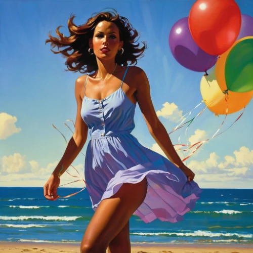 little girl with balloons,art painting,colorful balloons,balloons flying,walk on the beach,oil painting on canvas,sea breeze,ballon,beach background,ballooning,inflated kite in the wind,oil painting,red balloon,italian painter,woman walking,photo painting,beach ball,summer feeling,world digital painting,little girl in wind