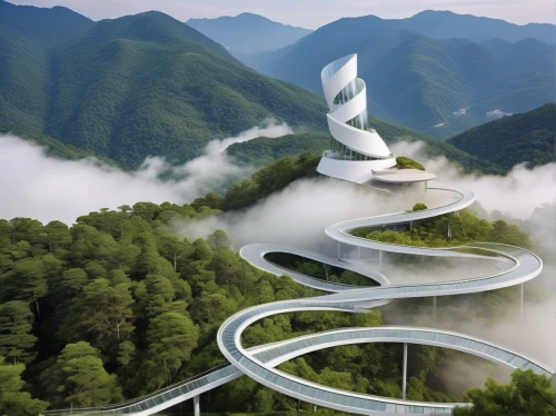 winding steps,winding road,winding roads,curvy road sign,futuristic architecture,ski jumping,moveable bridge,stairway to heaven,winding,helix,ski jump,highway roundabout,heaven gate,dragon bridge,futuristic landscape,traffic circle,road of the impossible,mountain highway,environmental art,the mystical path,Photography,General,Realistic