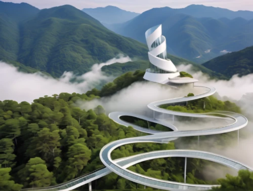 winding steps,winding road,winding roads,futuristic architecture,ski jumping,moveable bridge,curvy road sign,stairway to heaven,road of the impossible,helix,ski jump,futuristic landscape,traffic circle,highway roundabout,the mystical path,winding,spiralling,heaven gate,theravada buddhism,winding staircase