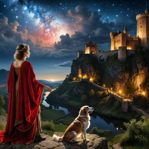 fantasy picture,fantasy art,howl,red cape,girl with dog,fantasy landscape,castles,photo manipulation,king shepherd,heroic fantasy,photomanipulation,fantasy portrait,fairy tale,a fairy tale,night watch,camelot,fantasy woman,magical adventure,world digital painting,sci fiction illustration,Photography,General,Realistic