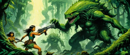 patrol,warrior and orc,predator,game illustration,iguania,predators,hunting scene,guards of the canyon,primeval times,crocodile woman,adam and eve,ramayana,tarzan,sci fiction illustration,prehistoric,green animals,fantasy picture,alien warrior,patrols,encounter,Illustration,Realistic Fantasy,Realistic Fantasy 04