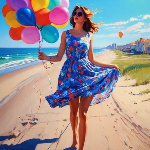 colorful balloons,art painting,little girl with balloons,cheerfulness,photo painting,summer beach umbrellas,beach umbrella,summer umbrella,woman walking,world digital painting,colorful life,painter,fabric painting,colorful background,creative background,sport kite,kites,oil painting on canvas,kite flyer,twirl,Conceptual Art,Fantasy,Fantasy 19