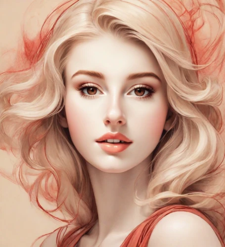 digital painting,peach rose,fantasy portrait,fashion illustration,blonde woman,peach color,world digital painting,blond girl,red dahlia,red magnolia,girl portrait,romantic portrait,blonde girl,magnolia,portrait background,rose flower illustration,dahlia,romantic look,young woman,pink beauty