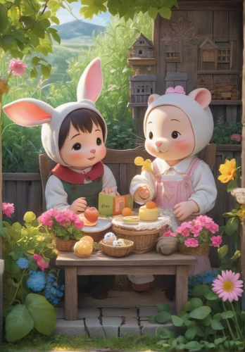girl and boy outdoor,easter festival,spring greeting,spring festival,cute cartoon image,easter theme,children's background,frutti di bosco,spring pancake,bun cha,kids illustration,villagers,dinner for two,rabbits,bunnies,garden breakfast,strawberries,game illustration,lilo,garden party,Photography,General,Fantasy