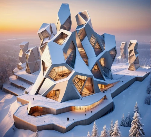 cube stilt houses,cubic house,ice hotel,snowhotel,snow house,futuristic architecture,snow roof,ice castle,winter house,cube house,mountain settlement,snow shelter,house in mountains,house in the mountains,ski resort,mountain hut,modern architecture,gingerbread house,mountain huts,solar cell base