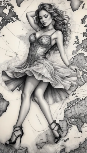 pencil drawings,planisphere,world map,cartography,harmonia macrocosmica,continents,world's map,pencil drawing,world digital painting,chalk drawing,globe,pencil art,girl drawing,terrestrial globe,map of the world,fashion illustration,vintage drawing,mermaid background,graphite,mother earth,Illustration,Realistic Fantasy,Realistic Fantasy 15