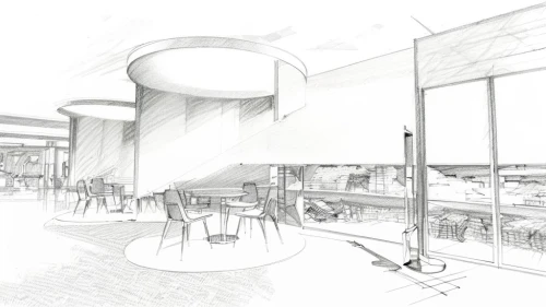 school design,archidaily,3d rendering,daylighting,barbecue area,the coffee shop,sky space concept,cafeteria,food court,seating area,technical drawing,concept art,airport terminal,cafe,aschaffenburger,arq,line drawing,suites,lecture hall,coffee shop,Design Sketch,Design Sketch,Pencil Line Art