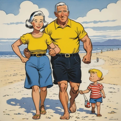 grandparents,pensioners,old couple,people on beach,popeye village,beach walk,man and wife,mother and grandparents,popeye,vintage art,vintage illustration,pension mark,cool woodblock images,pensions,beach defence,elderly people,walk on the beach,retro 1950's clip art,pensioner,roy lichtenstein,Illustration,Children,Children 05