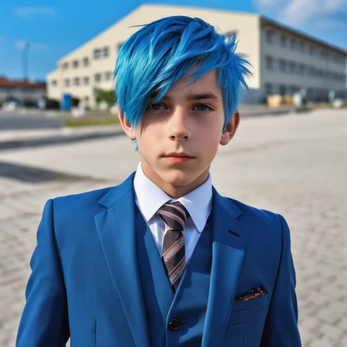 blue hair,formal guy,suit,cosplay image,lukas 2,edit icon,men's suit,navy suit,anime boy,suit actor,wedding suit,color blue,spevavý,kacper,blue color,necktie,young model istanbul,blue,silk tie,blue background,Photography,General,Realistic