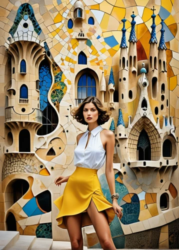 gaudí,paris clip art,art deco background,city ​​portrait,girl in a historic way,world digital painting,yellow wallpaper,image manipulation,colorful city,gold castle,castles,spanish tile,digital compositing,ceramic tile,italian painter,mural,girl-in-pop-art,meticulous painting,photo painting,fashion illustration,Photography,Fashion Photography,Fashion Photography 26