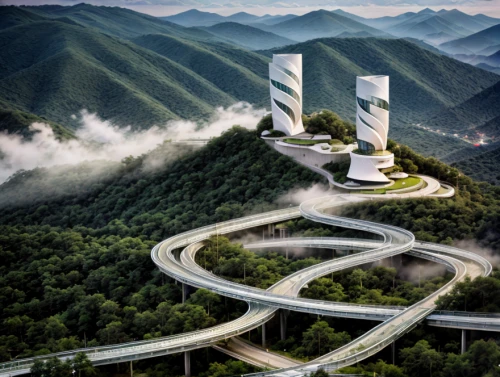 winding roads,mountain highway,winding road,futuristic architecture,futuristic landscape,mountain pass,steep mountain pass,mountain road,72 turns on nujiang river,mountainous landscape,south korea,danyang eight scenic,chinese architecture,road of the impossible,taiwan,highway roundabout,yuanyang,power towers,dalian,photoshop manipulation