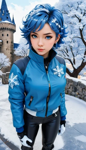 winterblueher,suit of the snow maiden,the snow queen,winter background,pixie-bob,fairy tale character,blue snowflake,cute cartoon character,anime japanese clothing,action-adventure game,scandia gnome,animated cartoon,fashion dolls,winter clothing,violet head elf,ice princess,smurf figure,female doll,elf,ice queen,Unique,3D,Isometric