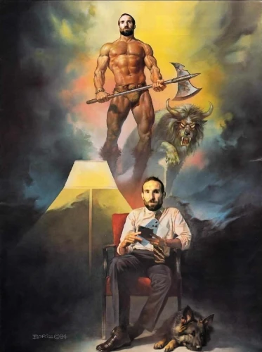 album cover,el salvador dali,fidel,aquaman,fidel castro,castro,conquistador,art,god,oil on canvas,symbolism,angel moroni,gods,biblical,fidel alejandro castro ruz,men sitting,ascension,minotaur,primitive man,centaur