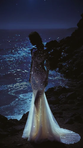 mermaid silhouette,queen of the night,mermaid,believe in mermaids,sea night,mermaid background,mermaid tail,let's be mermaids,wedding photography,conceptual photography,the sea maid,enchanted,bridal dress,gold foil mermaid,honeymoon,moonlight,wedding gown,wedding photo,bioluminescence,dead bride