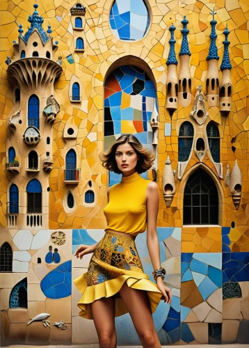 yellow wallpaper,yellow and blue,social,gold castle,alcazar of seville,spanish tile,gaudí,yellow purse,tiles shapes,girl in a historic way,yellow background,yellow wall,ceramic tile,sailing blue yellow,meticulous painting,tiles,majorelle blue,playmobil,gold wall,tiled wall,Photography,Fashion Photography,Fashion Photography 26