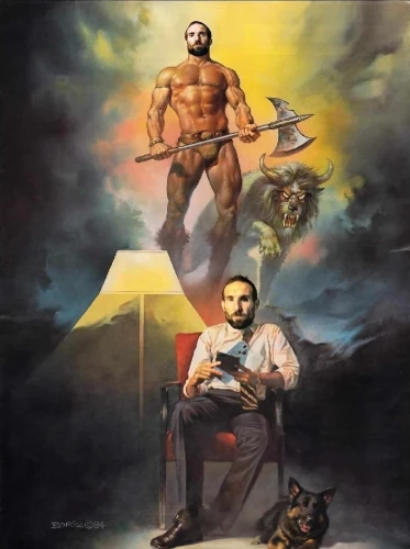 el salvador dali,album cover,aquaman,fidel,castro,fidel castro,art,oil on canvas,conquistador,god,men sitting,symbolism,gods,biblical,ascension,minotaur,centaur,fidel alejandro castro ruz,guru,legendary