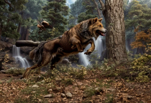 uintatherium,hunting scene,hunting dogs,bavarian mountain hound,american staghound,tyrannosaurus,cretan hound,animals hunting,reconstruction,transylvanian hound,hound trailing,cynorhodon,landmannahellir,fila brasileiro,hunting dog,primeval times,allosaurus,australian kelpie,bruno jura hound,tirannosaurus