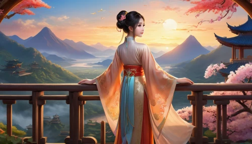 oriental princess,mulan,hanbok,chinese art,oriental girl,geisha girl,oriental,geisha,spring festival,wuchang,yi sun sin,japanese sakura background,oriental painting,plum blossoms,mukimono,plum blossom,yunnan,japanese background,tai qi,japanese art,Illustration,Realistic Fantasy,Realistic Fantasy 01