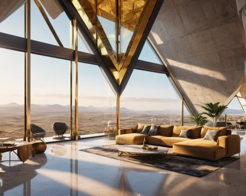 penthouse apartment,futuristic architecture,3d rendering,modern living room,sky space concept,interior modern design,sky apartment,futuristic landscape,luxury home interior,cubic house,modern decor,modern architecture,roof landscape,dunes house,geometric style,living room,glass pyramid,livingroom,jewelry（architecture）,contemporary decor,Photography,General,Realistic