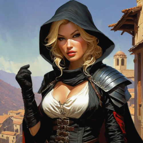 massively multiplayer online role-playing game,assassin,dodge warlock,sorceress,femme fatale,swordswoman,heroic fantasy,female warrior,bodice,rosa ' amber cover,huntress,fantasy woman,female doctor,vampire woman,game illustration,red riding hood,assassins,black widow,binding contract,blonde woman