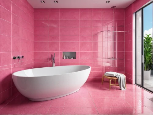 pink squares,luxury bathroom,pink vector,clove pink,bathtub accessory,dark pink in colour,natural pink,bathroom,tiling,pink large,color pink,bright pink,bathtub,modern minimalist bathroom,rose pink colors,shower bar,pink city,shower base,ceramic tile,color pink white,Photography,General,Realistic
