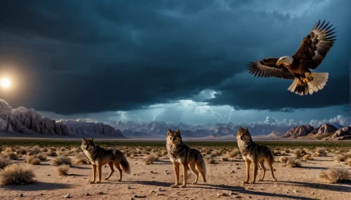 steppe eagle,wolves,howling wolf,photo manipulation,animal migration,fantasy picture,photomanipulation,of prey eagle,digital compositing,falconiformes,birds of prey-night,eagles,mountain hawk eagle,birds of prey,mongolian eagle,hunting dogs,two wolves,animals hunting,bird bird-of-prey,guards of the canyon