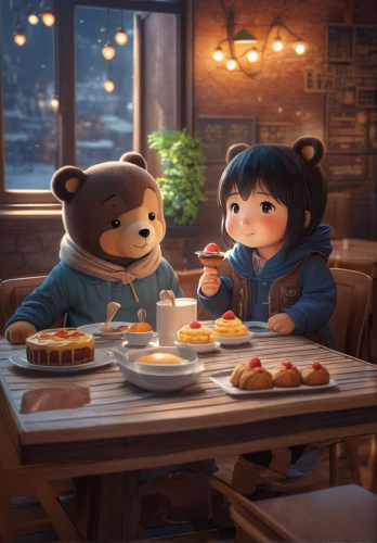 dinner for two,kids illustration,cute bear,cute cartoon image,mid-autumn festival,bears,sweet food,apple jam,the bears,romantic dinner,little bear,cg artwork,mooncake festival,romantic scene,apple pair,autumn taste,little boy and girl,afternoon tea,date,cute cartoon character,Photography,General,Fantasy