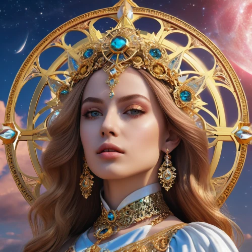 zodiac sign libra,the prophet mary,celestial,golden crown,mary-gold,libra,fantasy portrait,priestess,horoscope libra,star mother,christ star,zodiac sign gemini,virgo,gold crown,zodiac sign leo,andromeda,diadem,goddess of justice,cg artwork,queen crown,Photography,General,Realistic